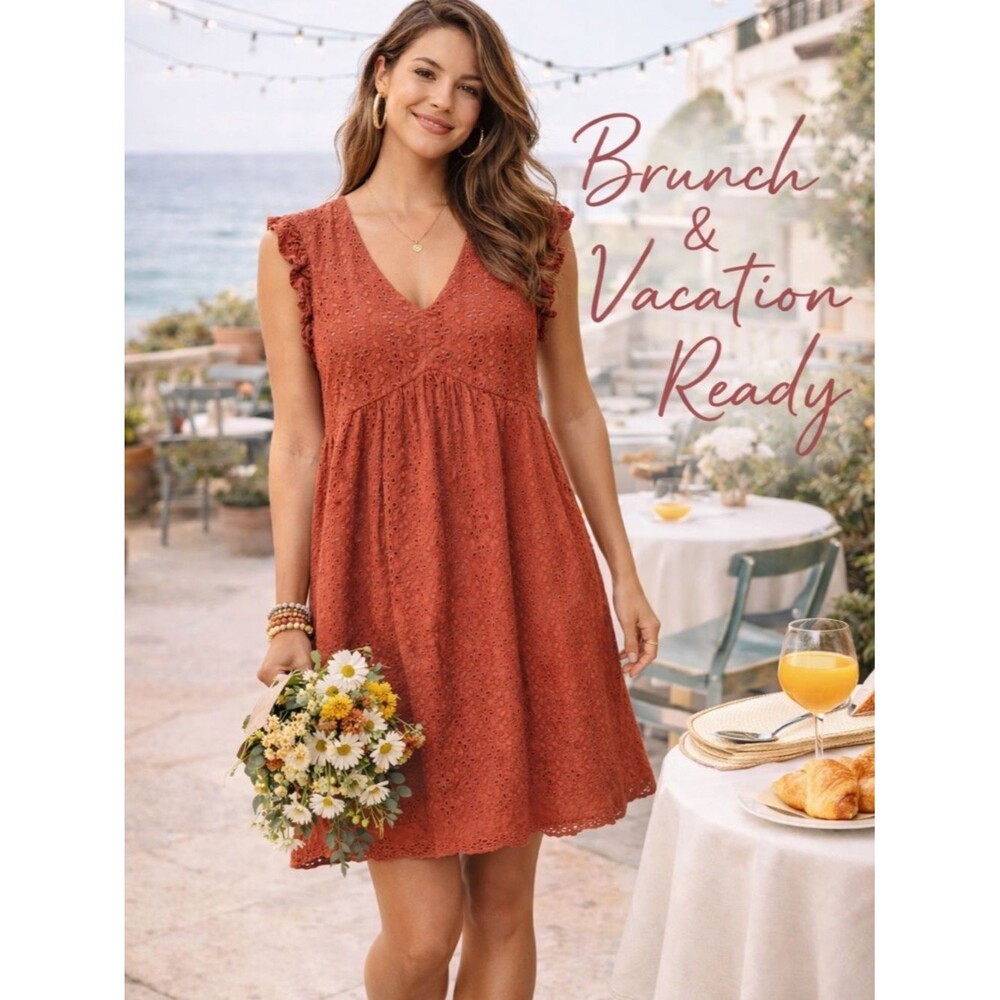Rust Eyelet Dress Boho Babydoll Ruffle Sleeve Cottagecore Small Vacation Church